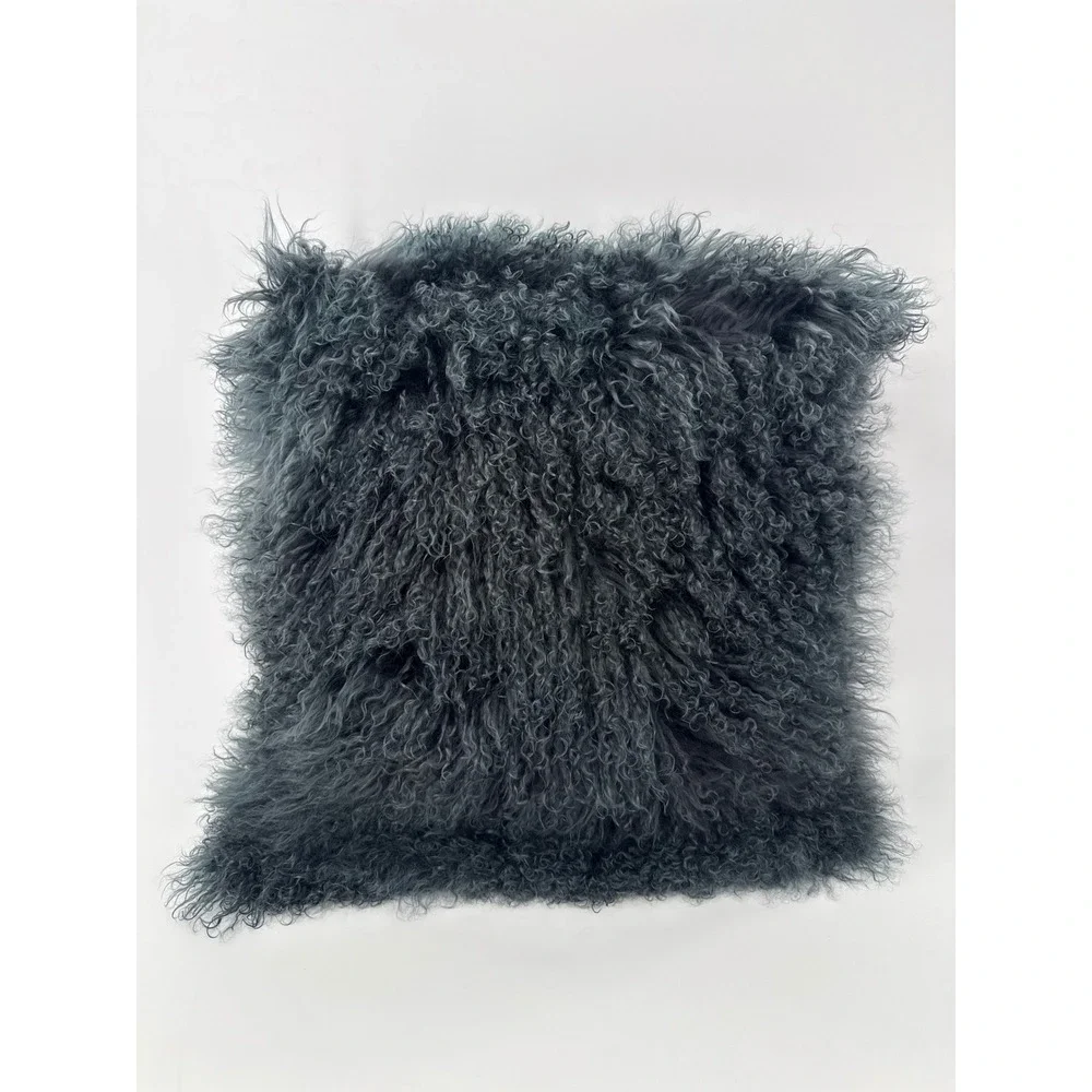 Throw Pillow Grey Mongolian Tibetan Lamb Fur Curly Sheepskin Boho